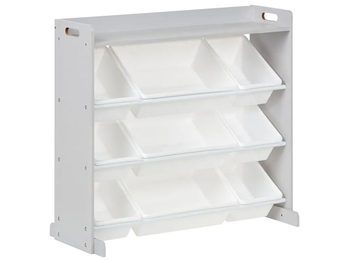 White bookshelf with multiple shelves on a white background