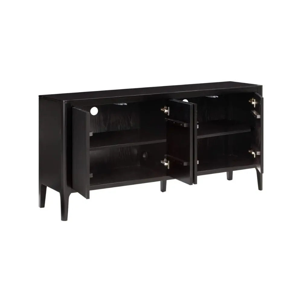 Black sideboard with open doors on a white background