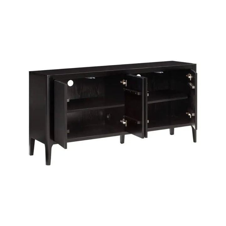 Black sideboard with open doors on a white background