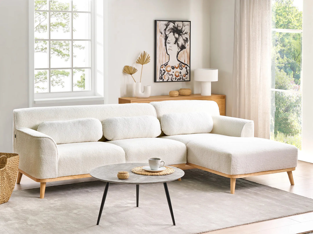 Left-hand 3-seater corner sofa in white bouclé