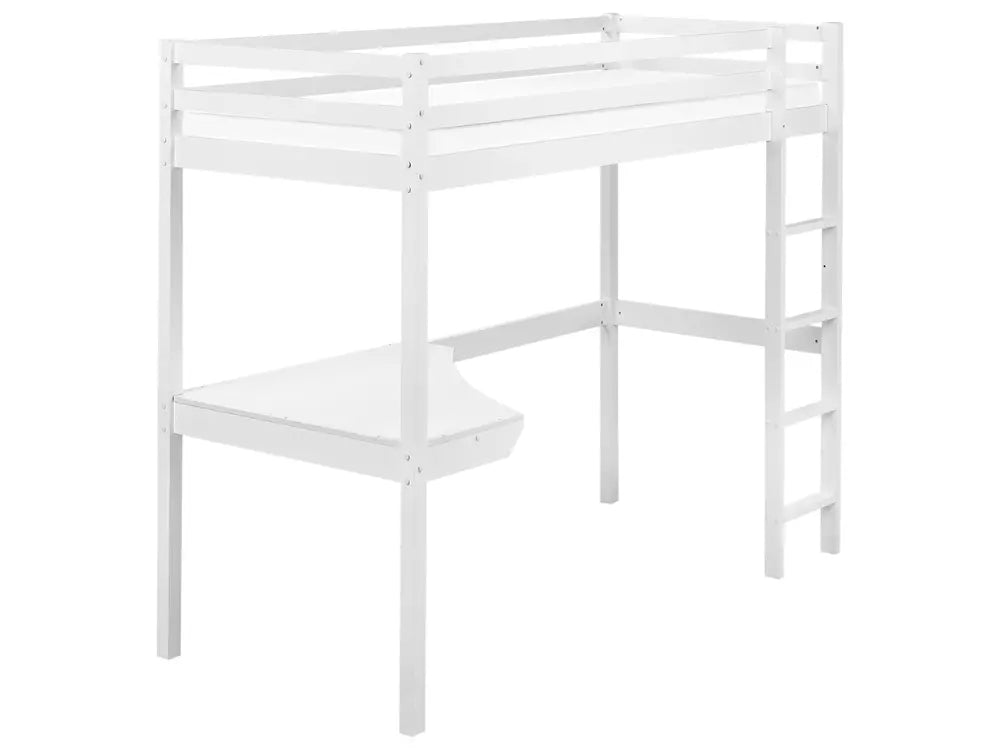 White metal loft bed with desk on a white background