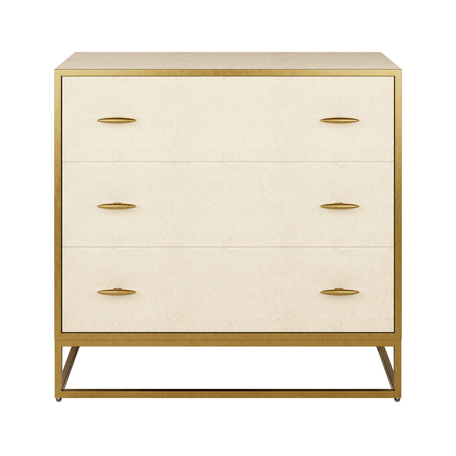 Beige dresser with gold accents on a white background