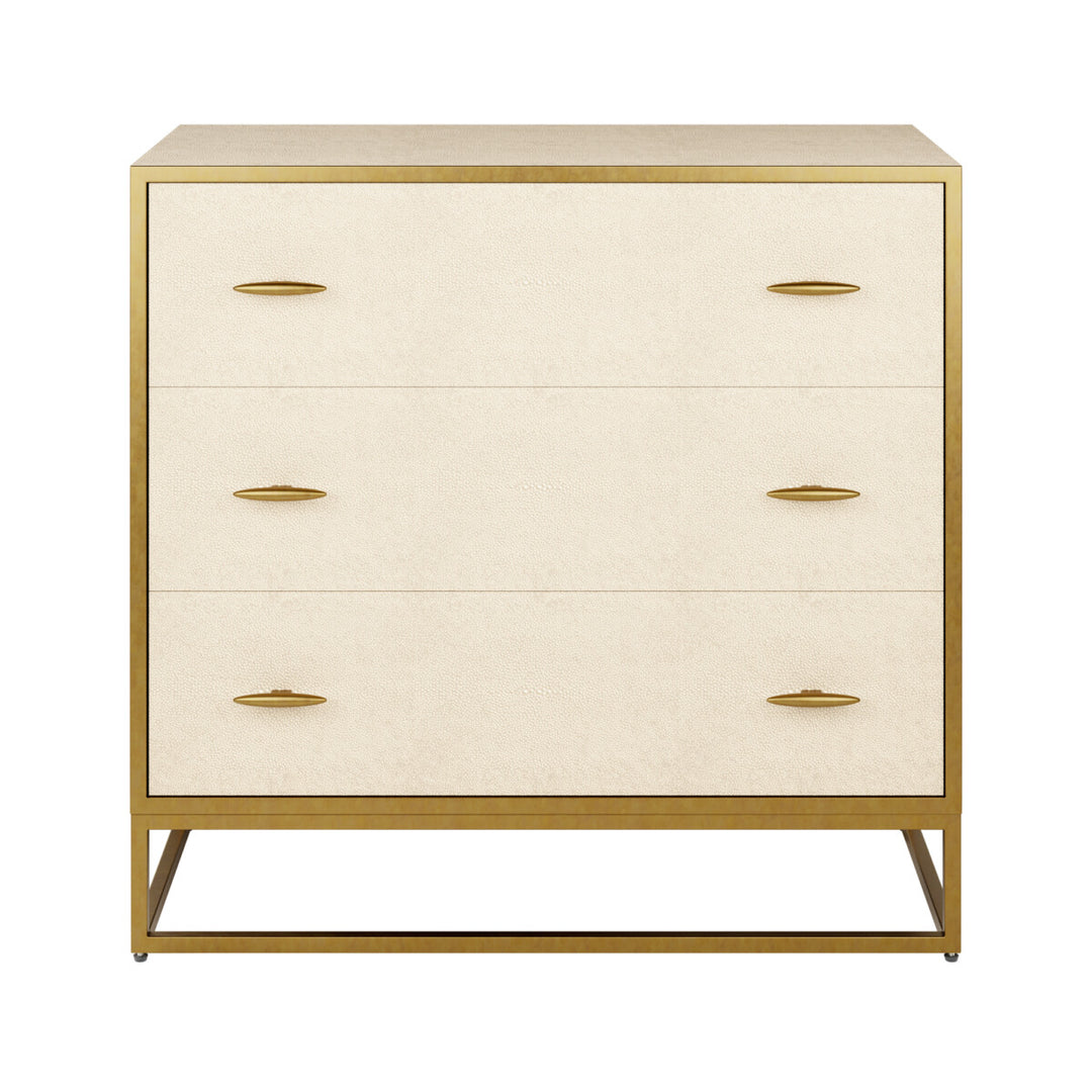 Beige dresser with gold accents on a white background