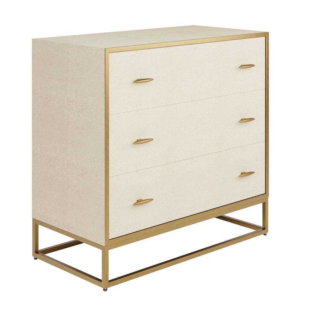 Beige dresser with gold accents on a white background