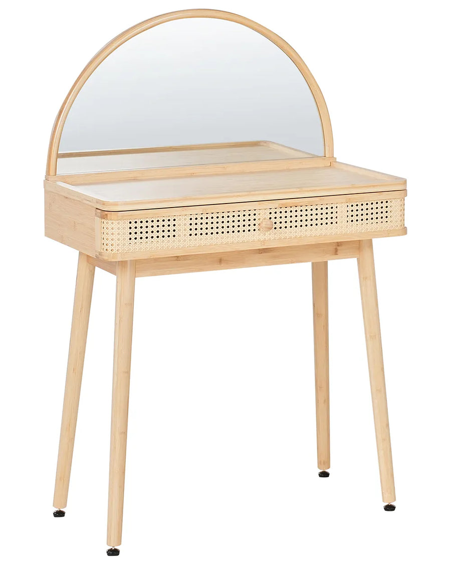 A light natural wood vanity table with a semi-circular mirror, woven cane side panels, and tapered legs, shown on a plain white background.