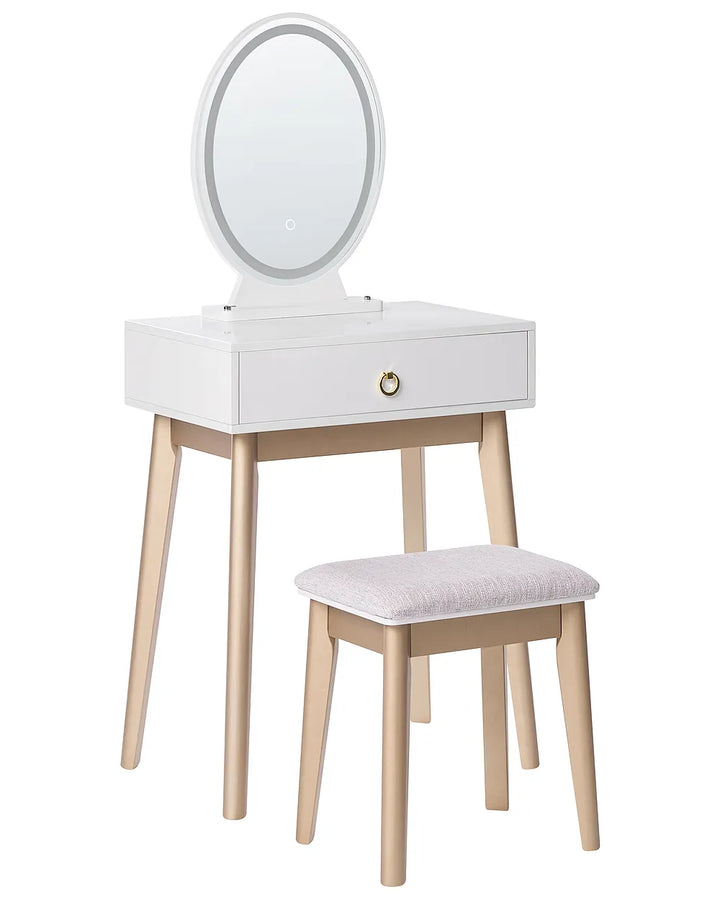 White vanity table with an oval LED light mirror and a matching stool with a light gray cushion, set against a plain white background.