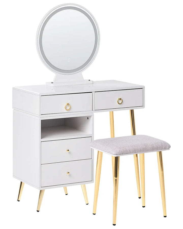 White vanity table with round mirror and stool on a white background