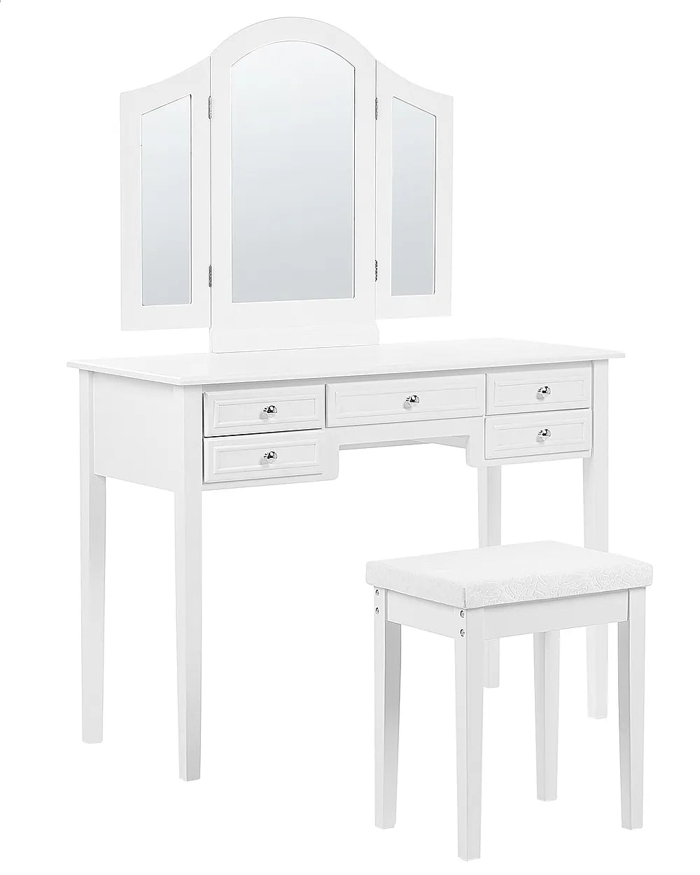 White vanity table set with a three-panel folding mirror and a matching cushioned stool, shown on a plain white background.