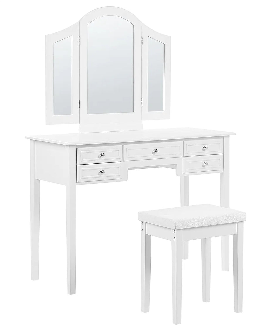 White vanity table set with a three-panel folding mirror and a matching cushioned stool, shown on a plain white background.
