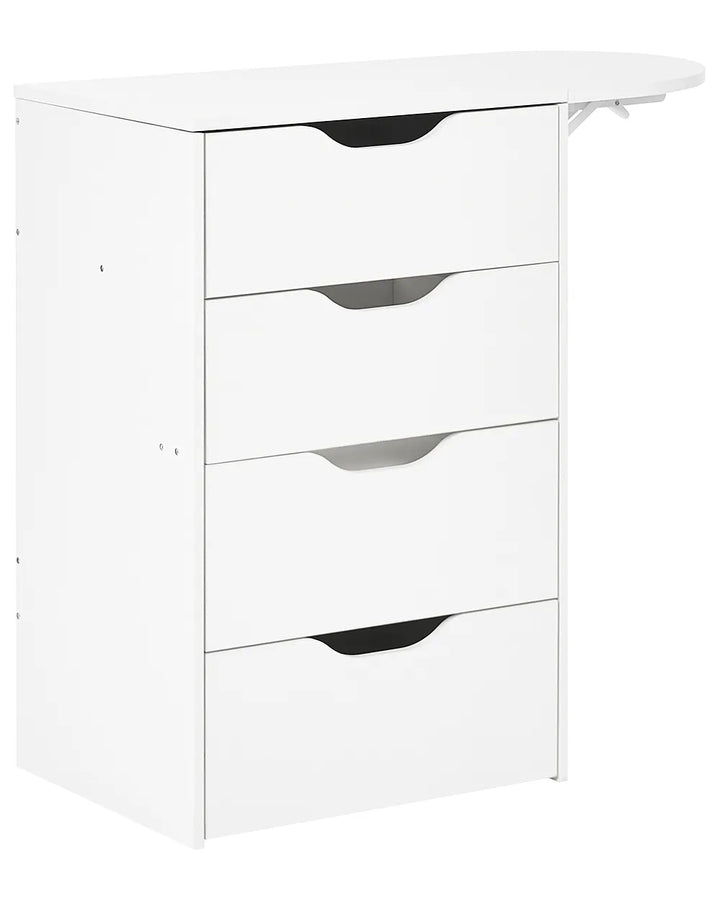 A white four-drawer storage cabinet with a hinged top that extends into a small desk or vanity surface, shown on a plain white background.