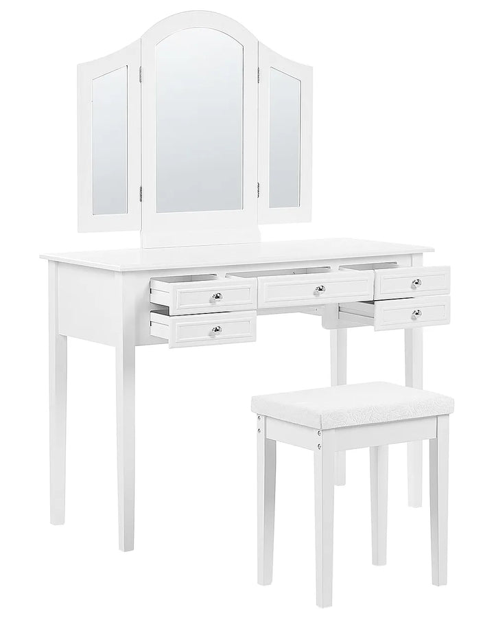 White vanity table set with a three-panel folding mirror, multiple drawers, and a matching cushioned stool on a plain white background.