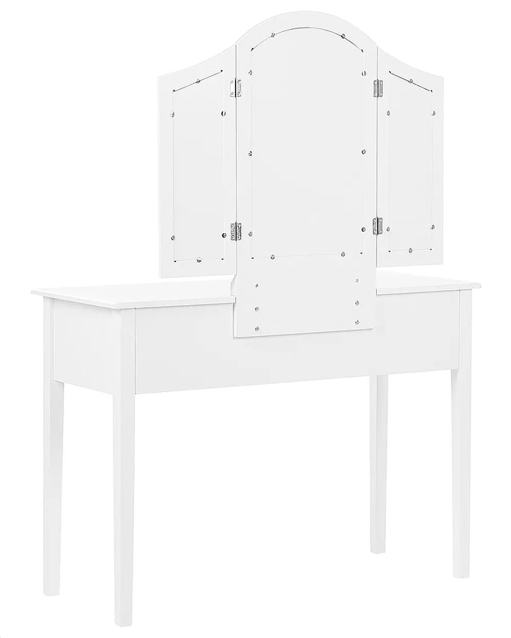 White vanity table with an attached three-panel folding mirror, shown on a plain white background.