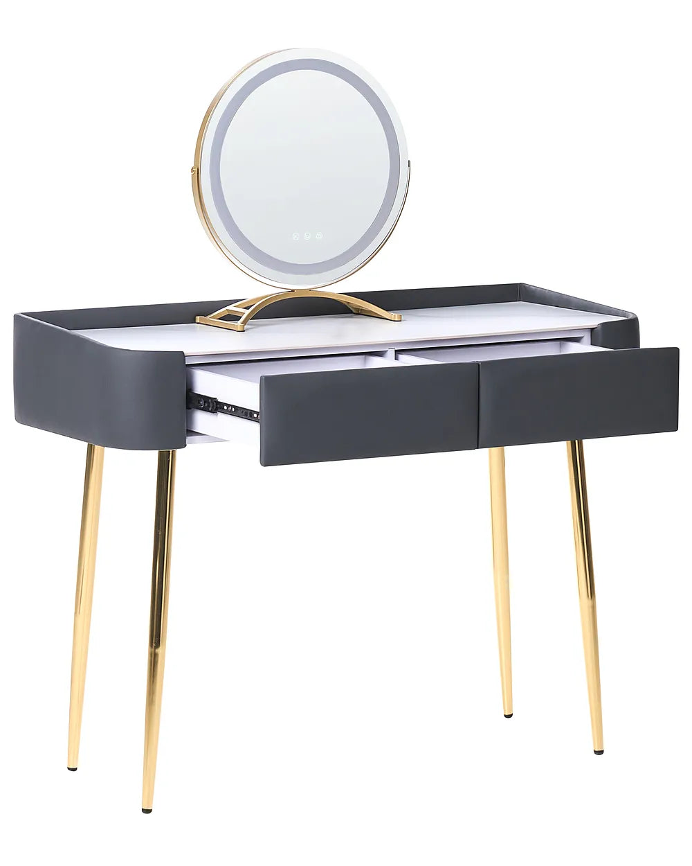 A modern vanity table with a black faux-leather frame, gold metal legs, a white top surface, and an illuminated round mirror on a gold stand. One drawer is open, showing a light gray interior.