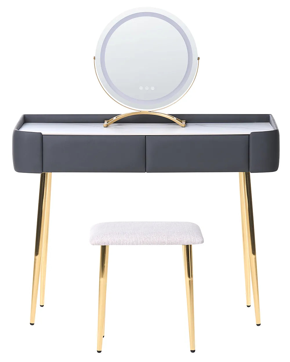 A modern vanity table set with a dark gray faux-leather desk, gold metal legs, a matching stool, and an illuminated round mirror on a white background.