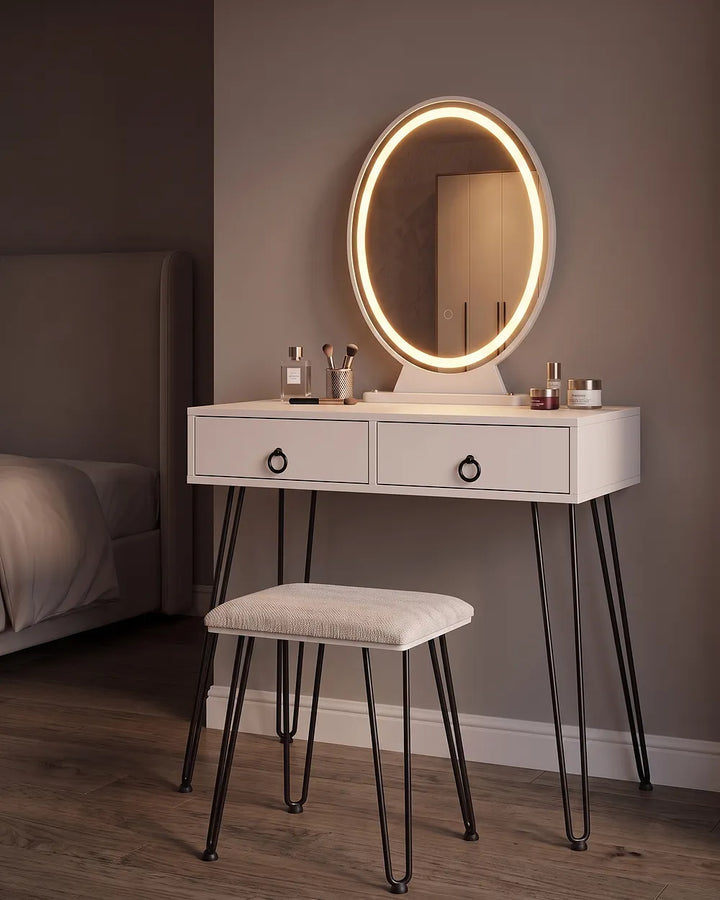 Dressing Table with Mirror and Stool LED White Plunkett