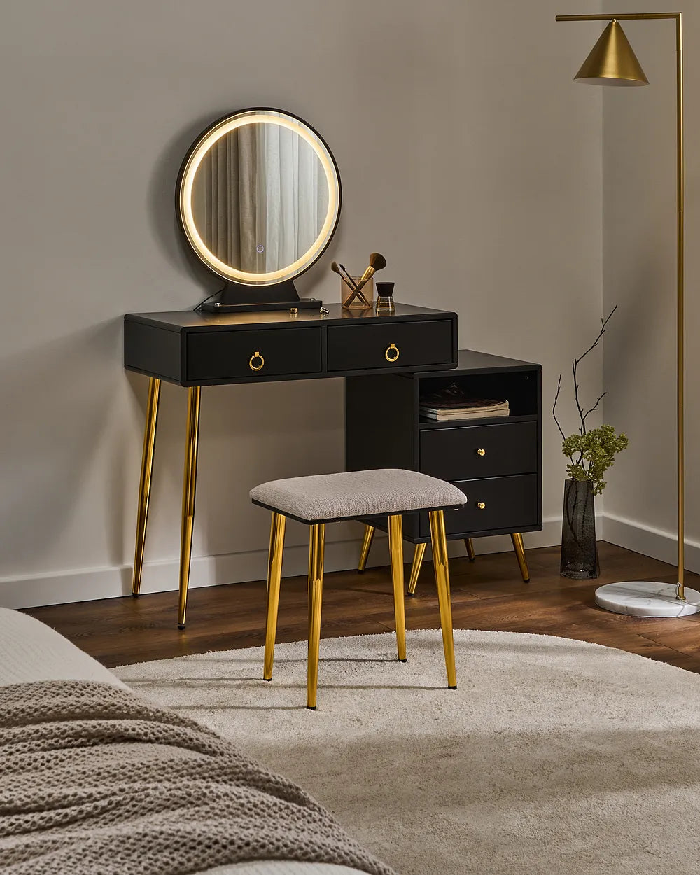 Dressing Table with Mirror and Stool LED Black Leventhal