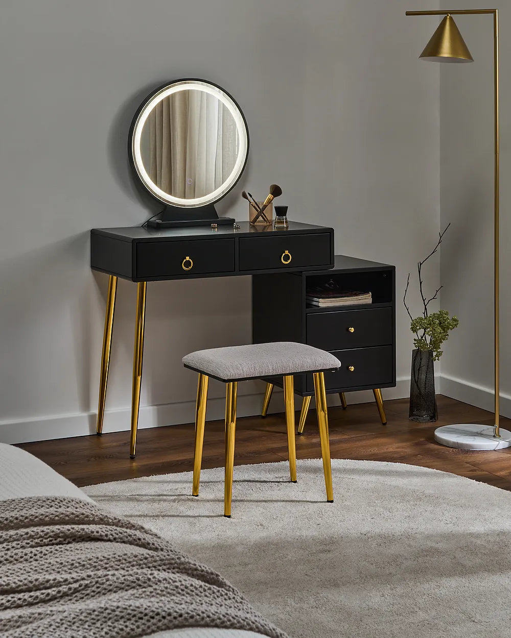 Dressing Table with Mirror and Stool LED Black Leventhal