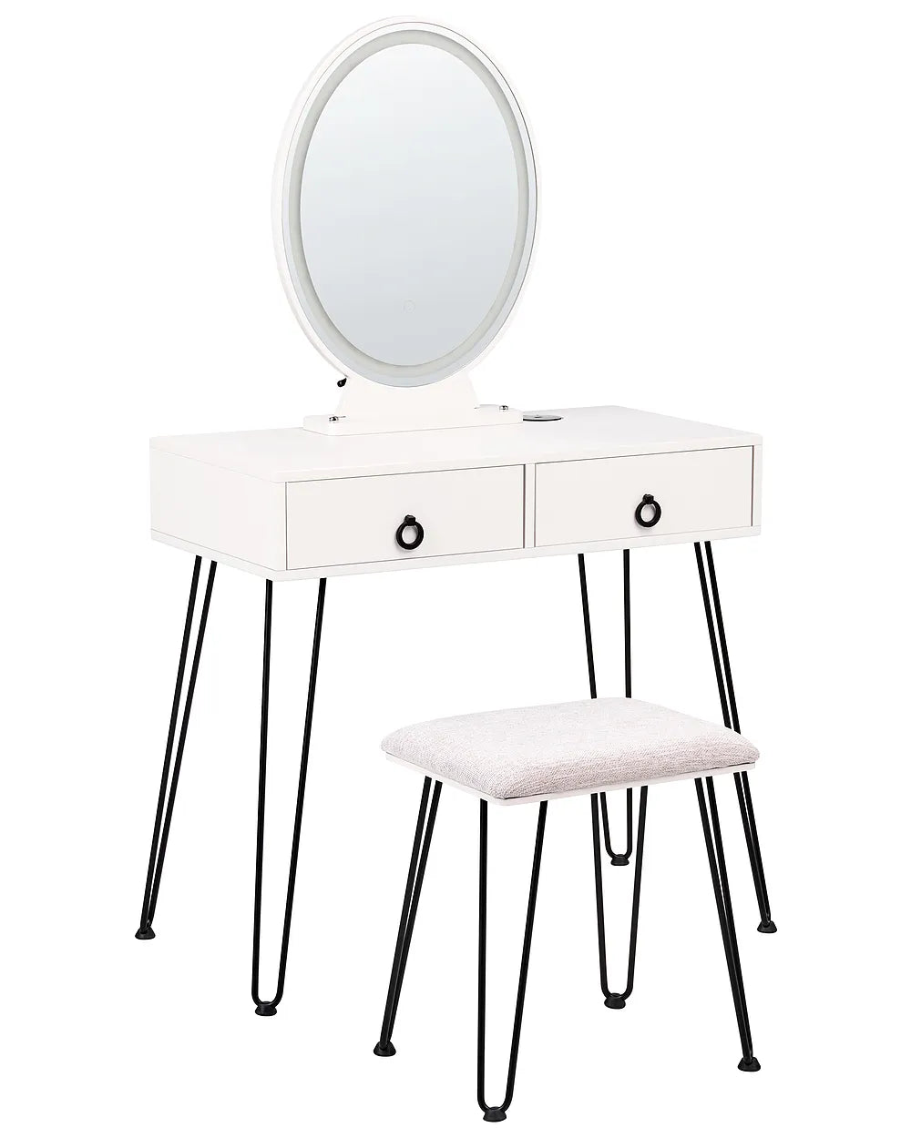 White vanity table with two drawers, black hairpin legs, an oval mirror, and a matching white cushioned stool on a white background.