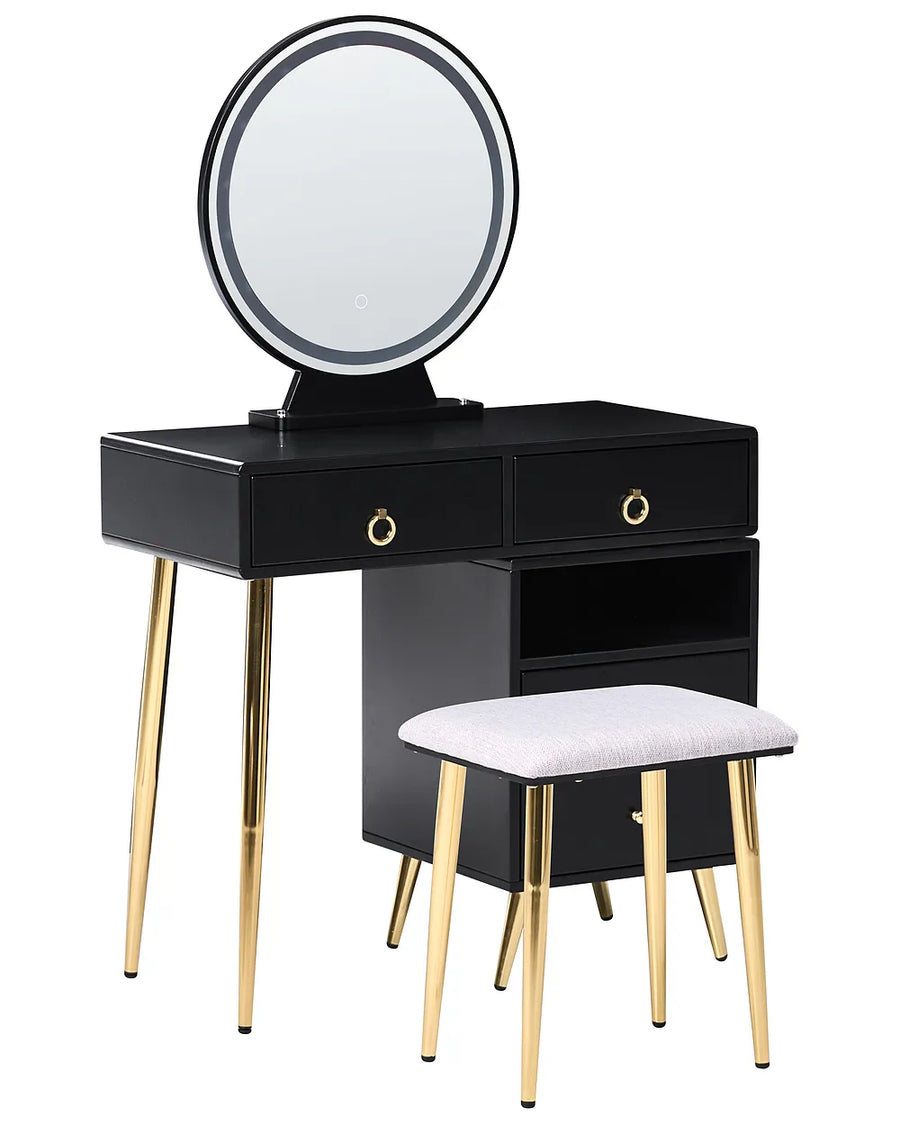 Black vanity table with round mirror and white stool on a white background