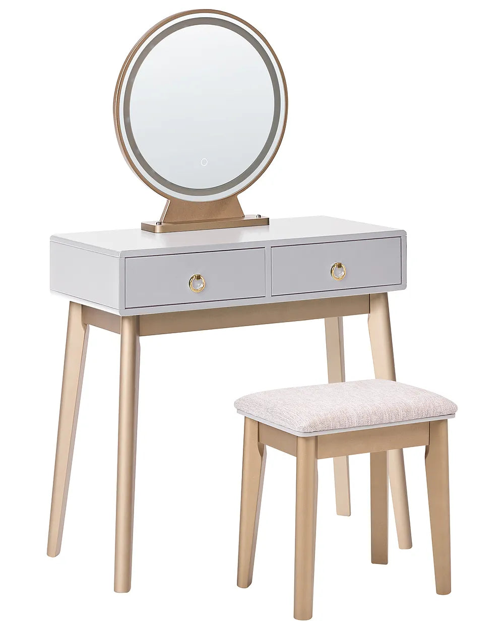 A modern vanity table set with a round backlit mirror, two light gray drawers with gold knobs, and a matching cushioned stool, shown on a white background.