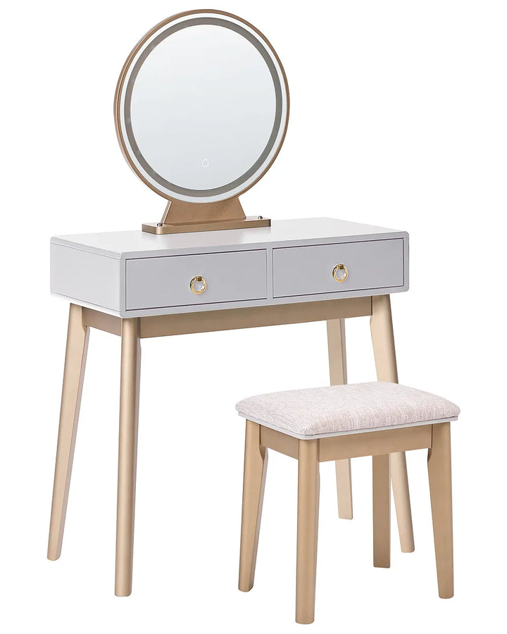 A modern vanity table set with a round backlit mirror, two light gray drawers with gold knobs, and a matching cushioned stool, shown on a white background.