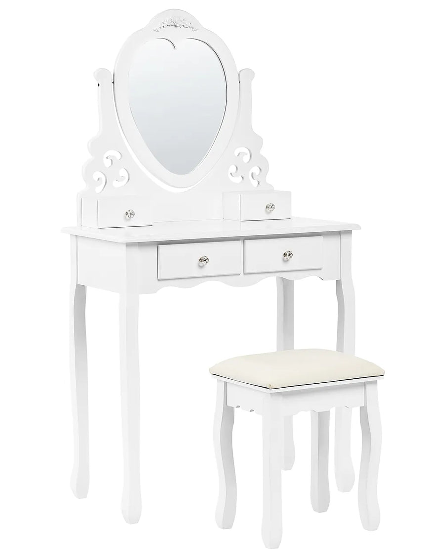 White vanity table set with an ornate heart-shaped mirror, two drawers, and a matching stool with a cream cushion, shown on a plain white background.
