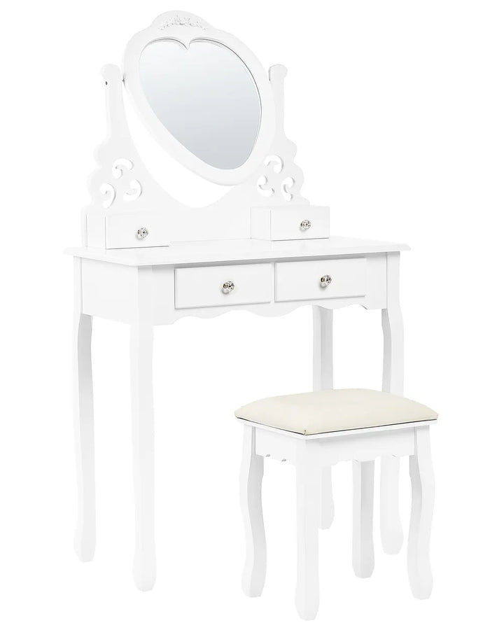White vanity table set with an oval mirror, two drawers, and a matching stool with a cream cushion, shown on a plain white background.