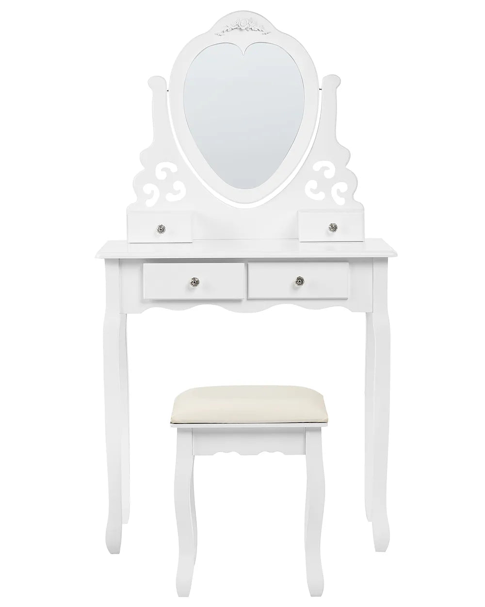 White vanity table set with an ornate oval mirror, two drawers, and a matching stool with a cream upholstered seat on a white background.