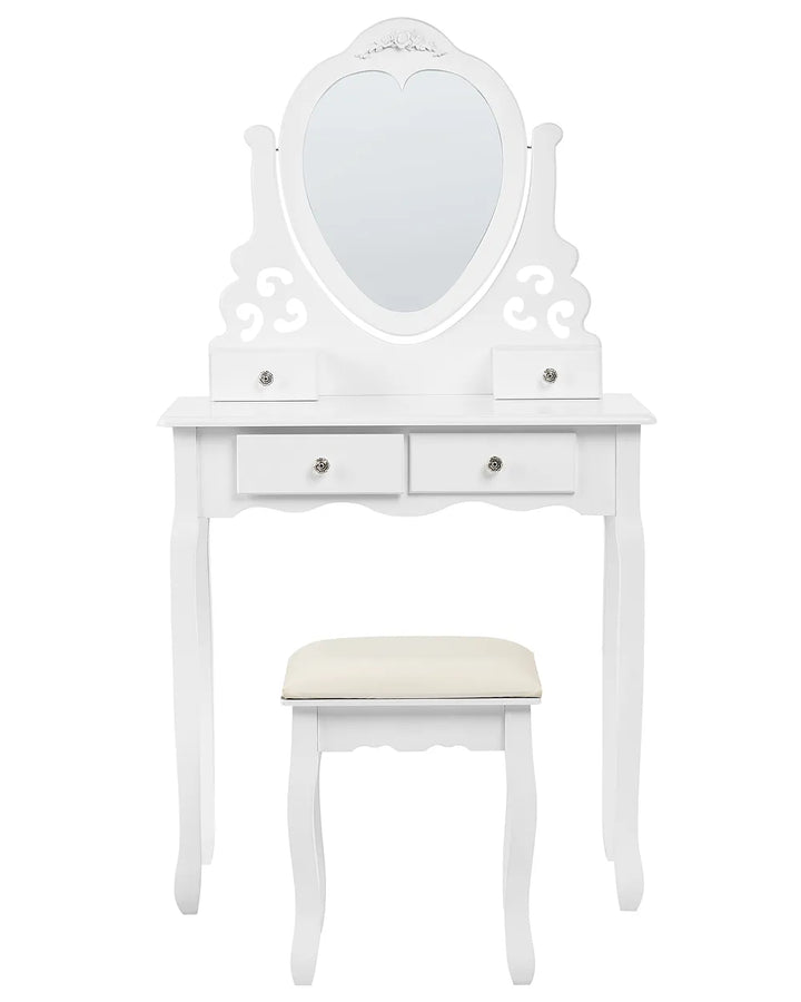 White vanity table set with an ornate oval mirror, two drawers, and a matching stool with a cream upholstered seat on a white background.