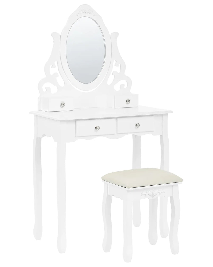 White vanity table set with an ornate oval mirror, two drawers, and a matching stool with a cream cushion, shown on a plain white background.