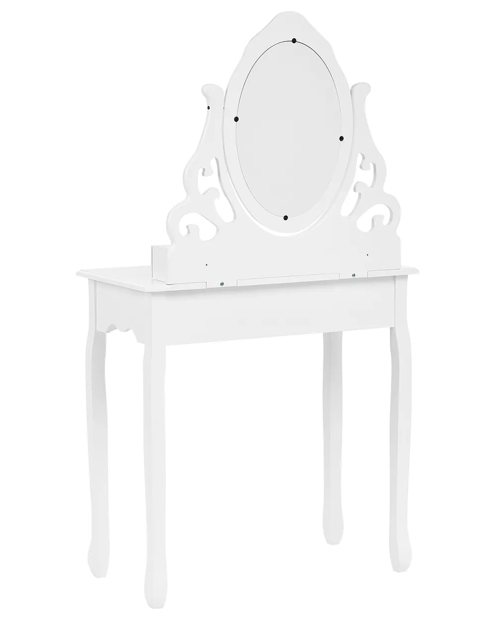 A white vanity table with an ornate oval mirror and decorative side supports, shown against a plain white background.