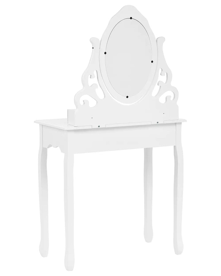 A white vanity table with an ornate oval mirror and decorative side supports, shown against a plain white background.