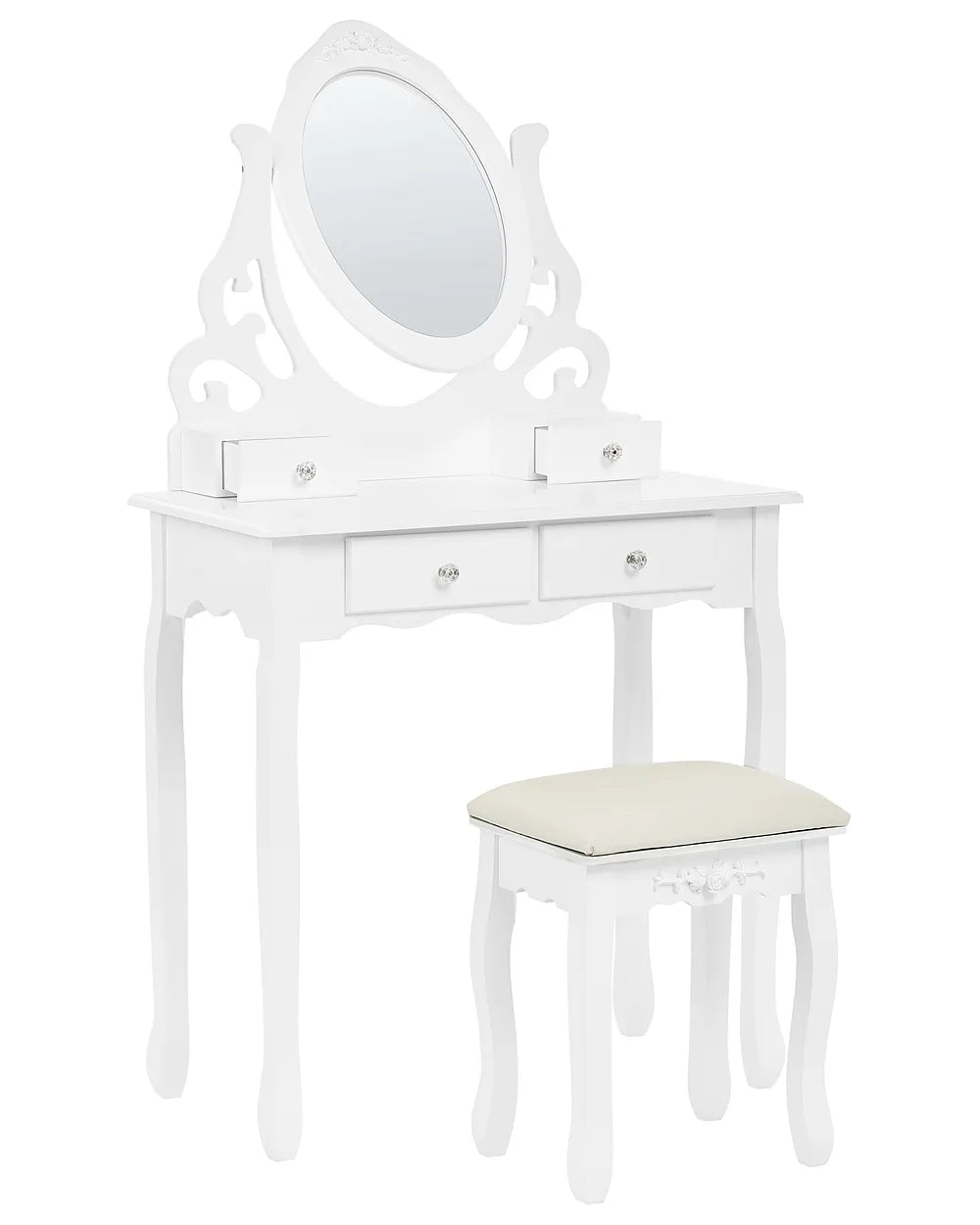 White vanity table set with an oval mirror, two drawers, and a matching cushioned stool on a white background.