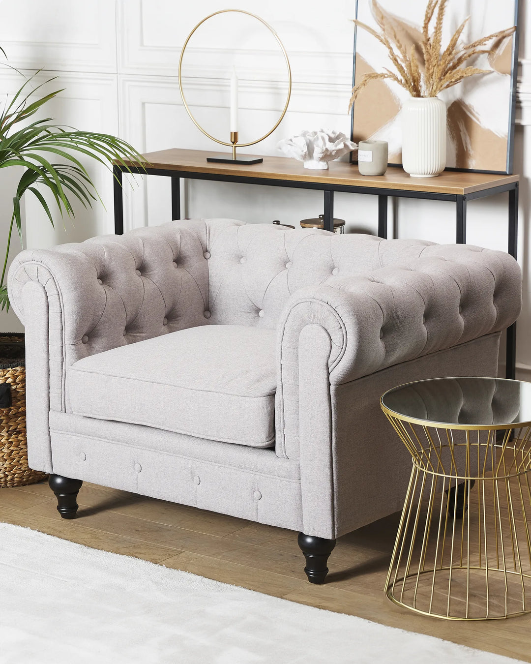 Elevate your living space with this refined armchair, crafted in soft light grey Leno fabric that exudes understated elegance.