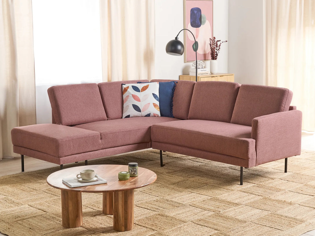 Pink-brown fabric corner sofa, right-hand layout