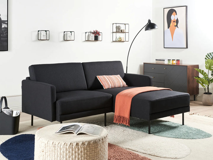 Black fabric corner sofa, left-hand layout