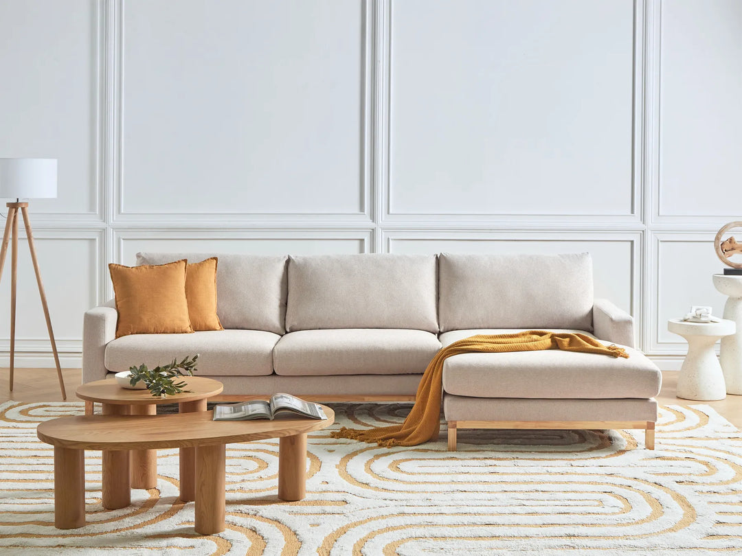 Beige fabric corner sofa, left-hand layout