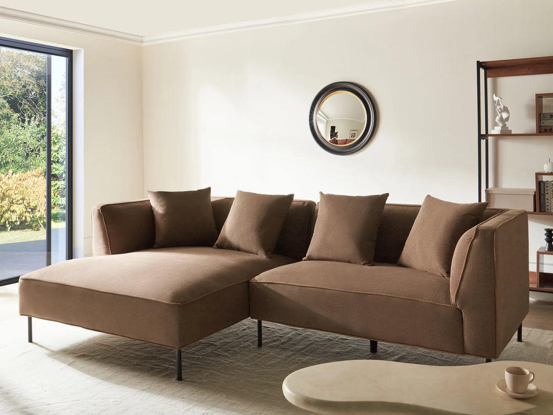 Brown fabric corner sofa, right-hand layout