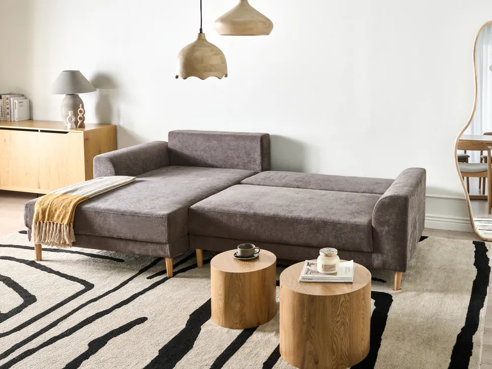 Corner Sofa Bed 3 Seater Chenille Taupe Right Hand Keshvi