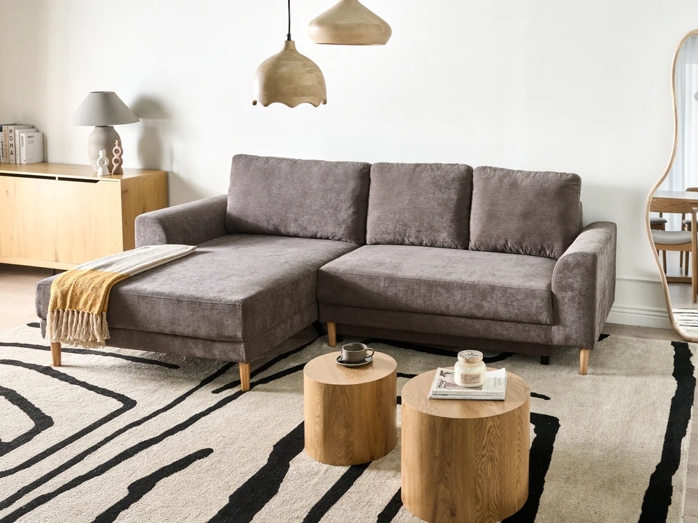 Taupe chenille corner sofa bed, right-hand layout with storage