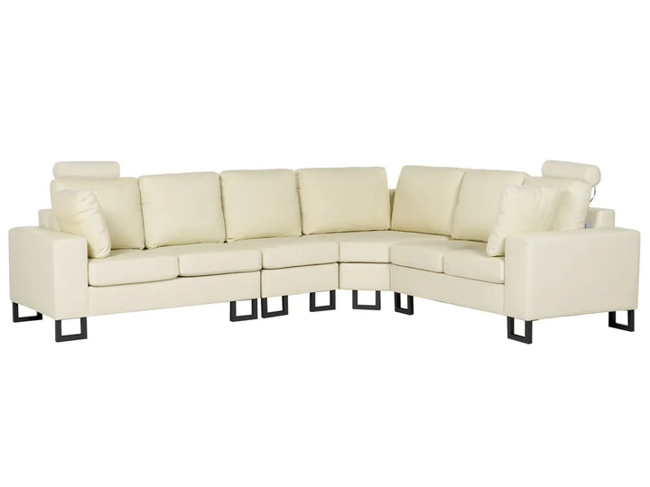 6‑seater cream leather L‑shaped corner sofa with genuine leather upholstery and sleek style