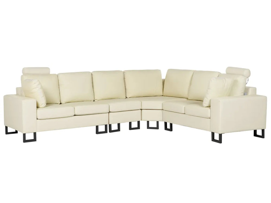 6‑seater cream leather L‑shaped corner sofa with genuine leather upholstery and sleek style