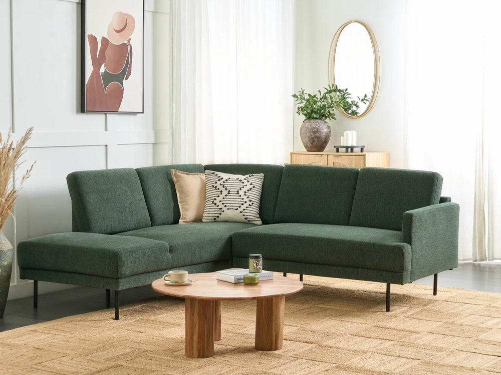 Dark green fabric corner sofa, right-hand layout