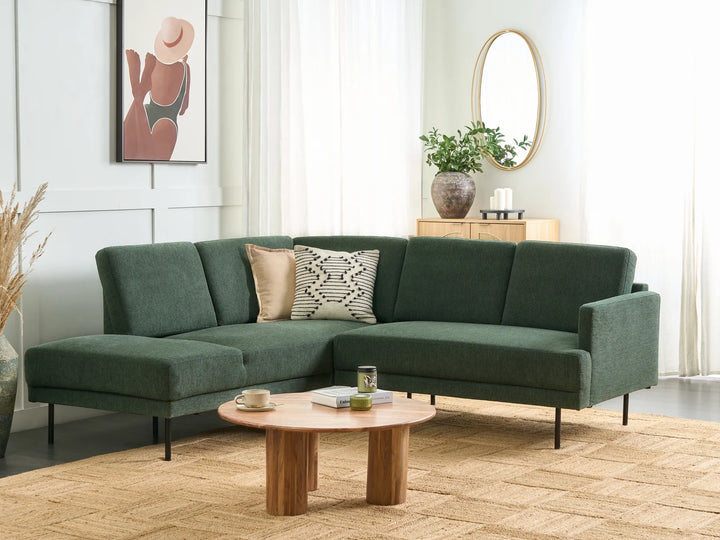 Dark green fabric corner sofa, right-hand layout