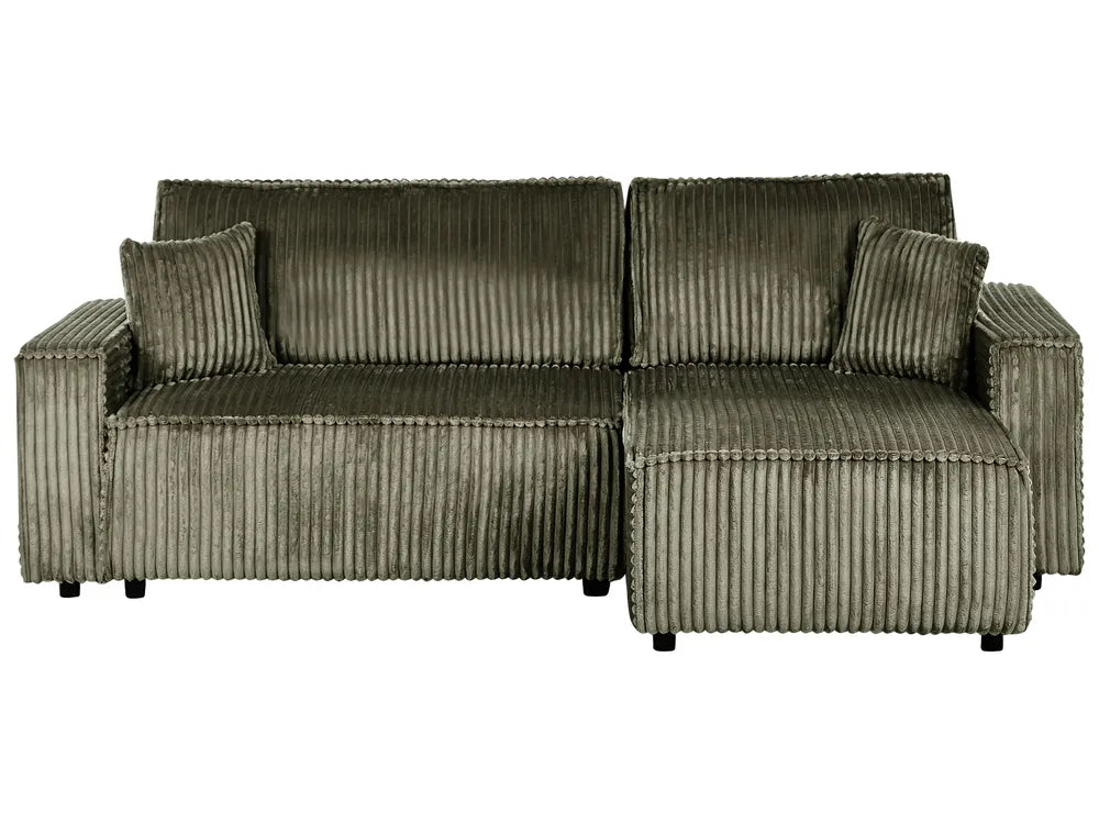 Green ribbed sofa with chaise on a white background