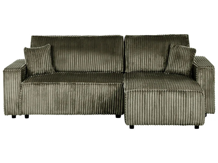 Green ribbed sofa with chaise on a white background