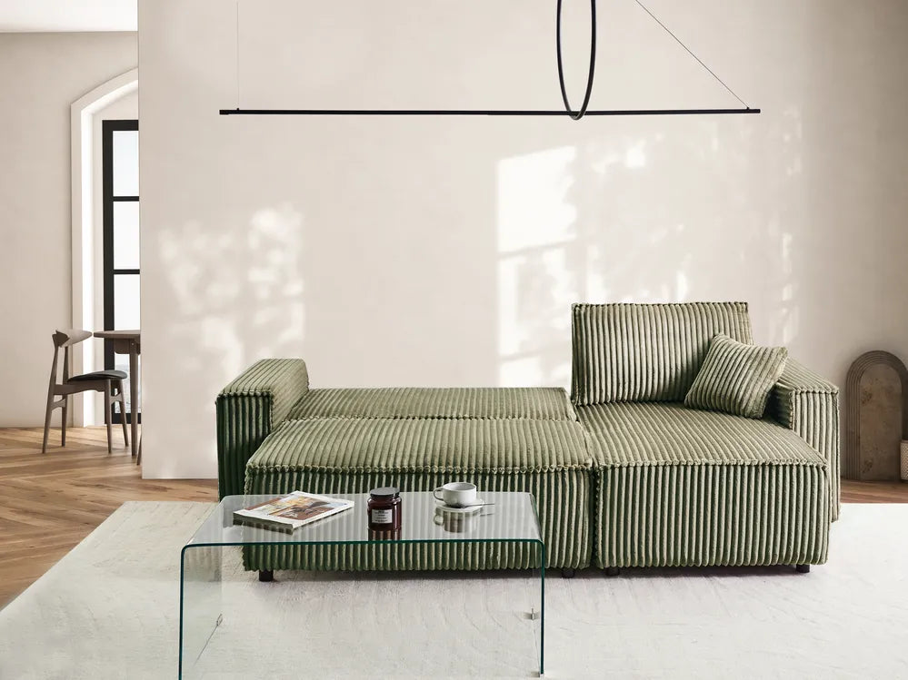 Corner Sofa Bed 3 Seater Corduroy Green with Storage Left Hand Middale