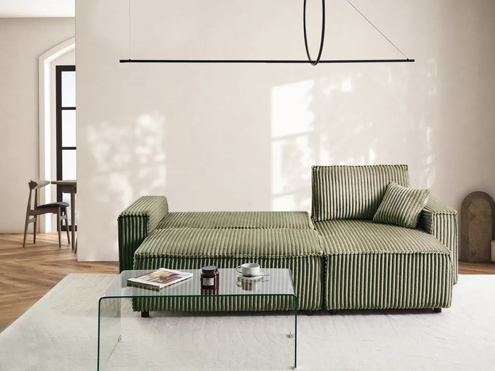 Corner Sofa Bed 3 Seater Corduroy Green with Storage Left Hand Middale