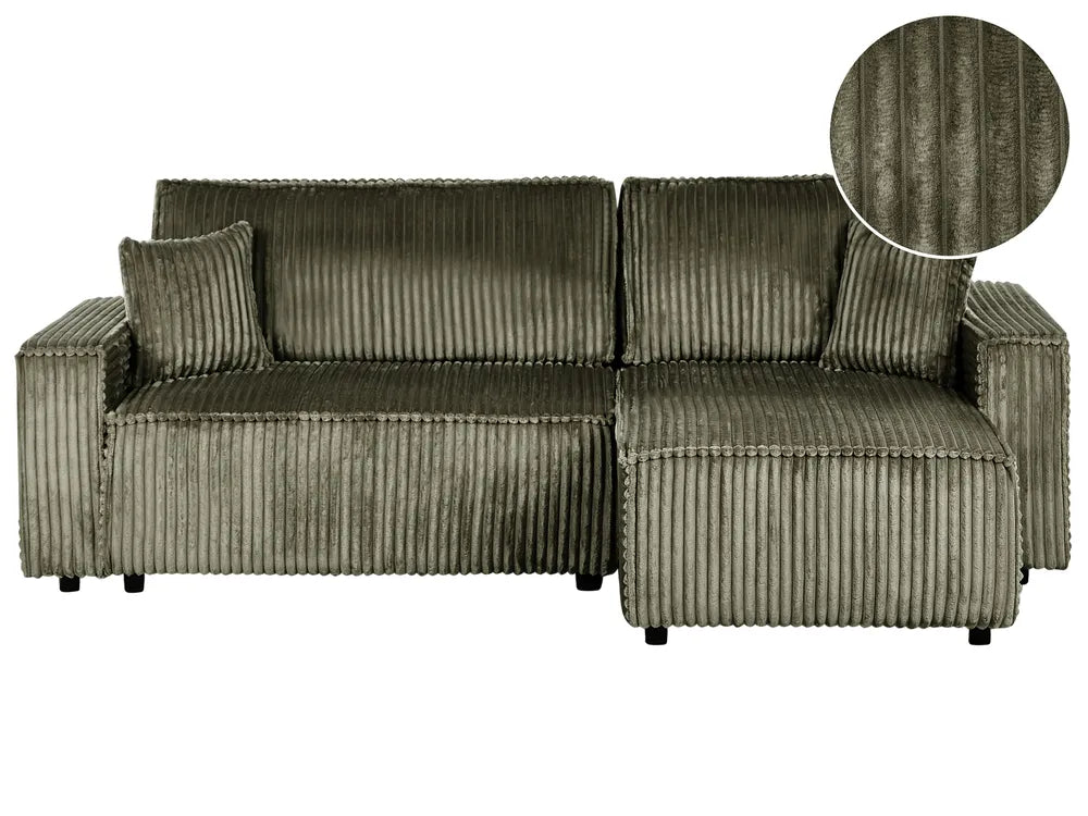 Corner Sofa Bed 3 Seater Corduroy Green with Storage Left Hand Middale