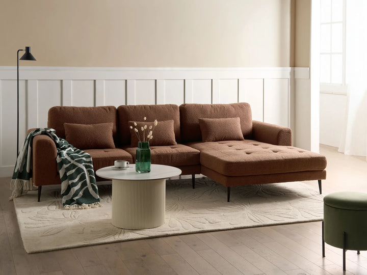 Brown bouclé corner sofa, left‑hand layout